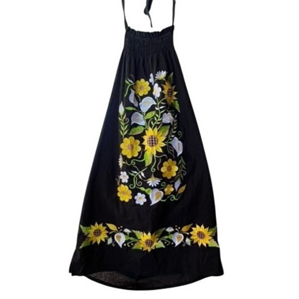 Casa Flores Imports‎ Black Embroidered Sunflower Halter dress Smocked Cotton L